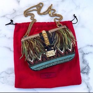 100% authentic Valentino Glam Lock African beaded feather small shoulder bag.